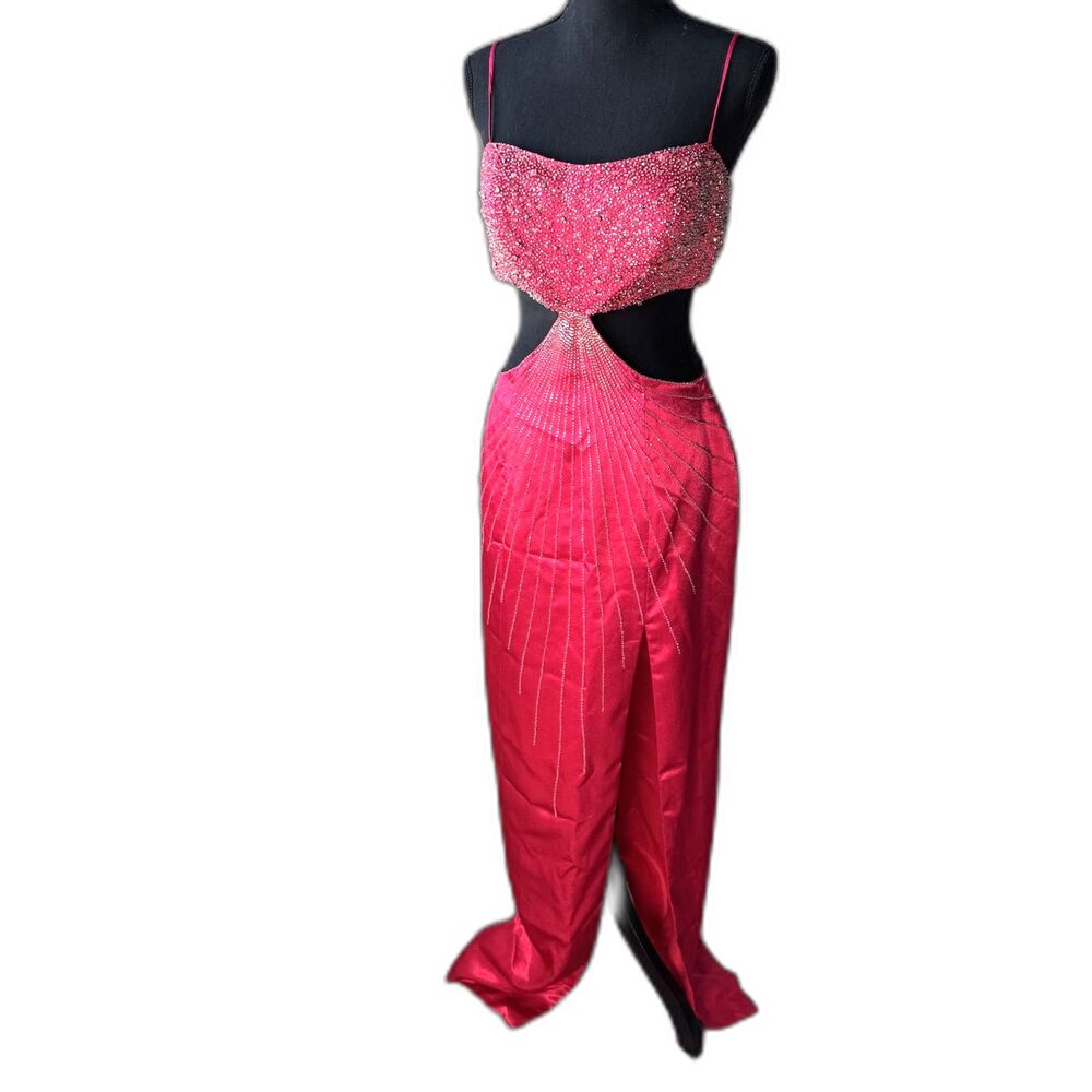 Size 10 y2k Vintage Precious Formals beaded pink dress cutouts (10424) - Picture 2 of 5